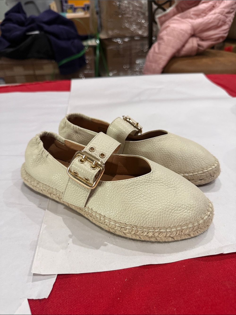 Women’s Cream Leather Espadrille Mary Jane Flats with Gold Buckle
